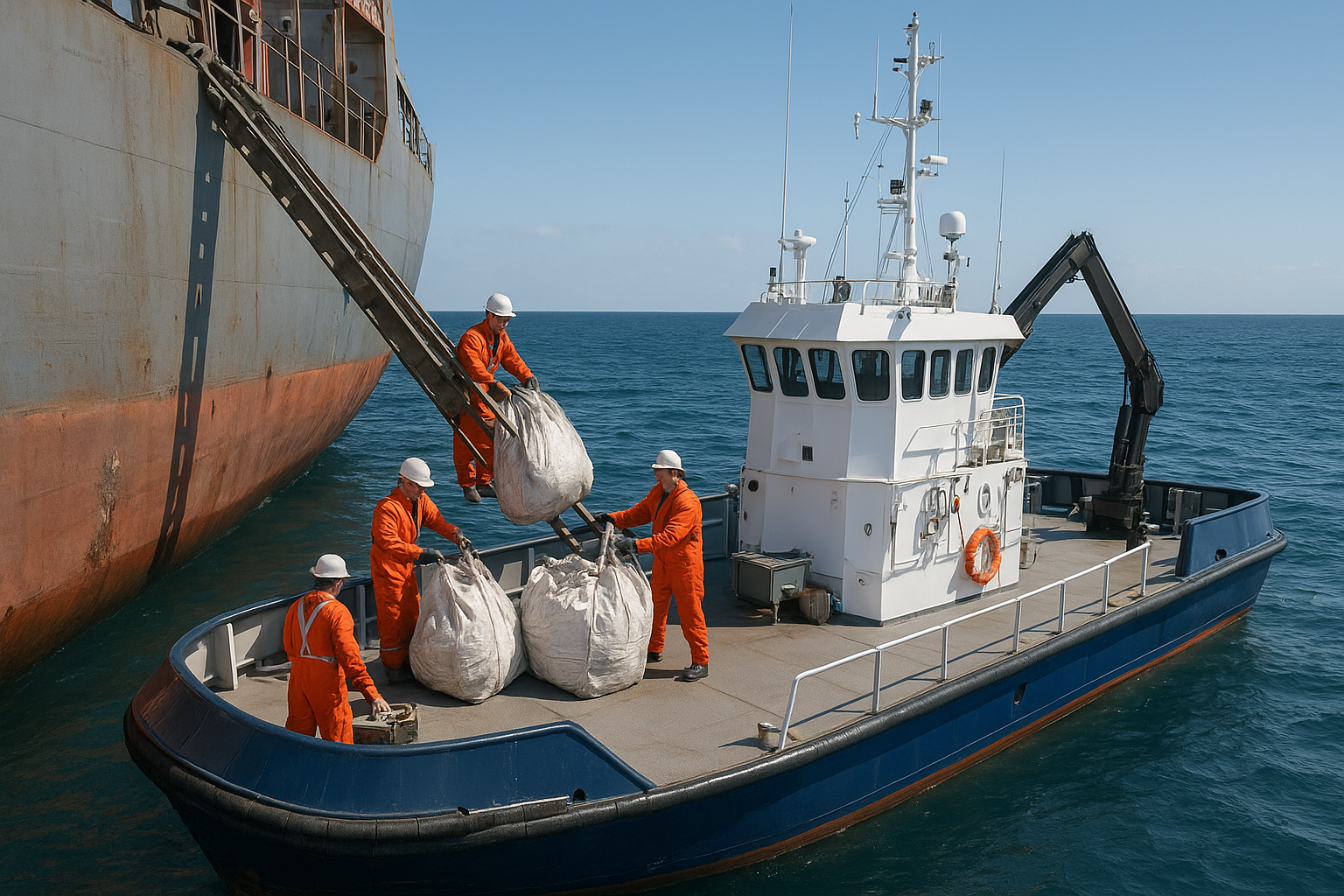 Embarcação coletando resíduos